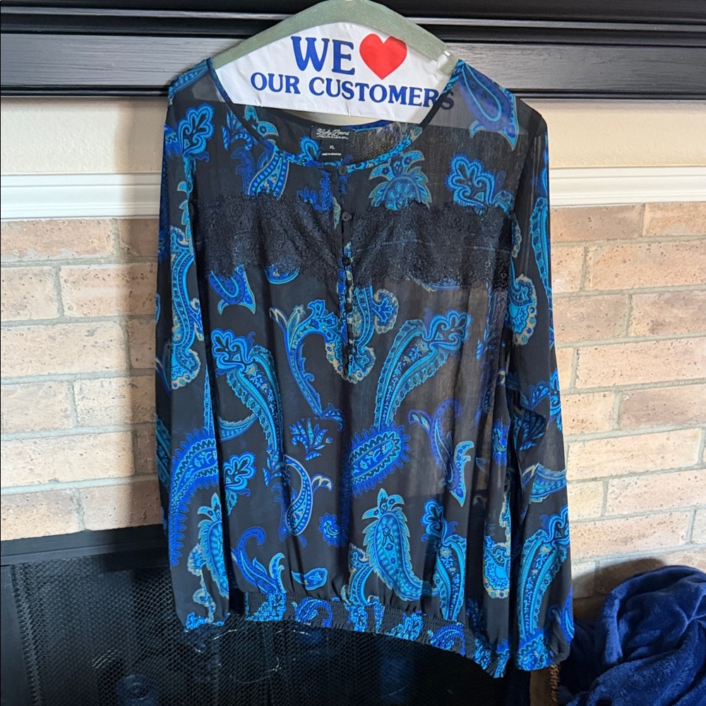 LUCKY BRAND Black and Blue Paisley Sheer Blouse